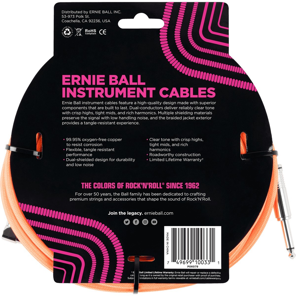 ERNIE BALL Cable Instrument Gaine Tressee Droit Coude 3 05 M Neon Orange