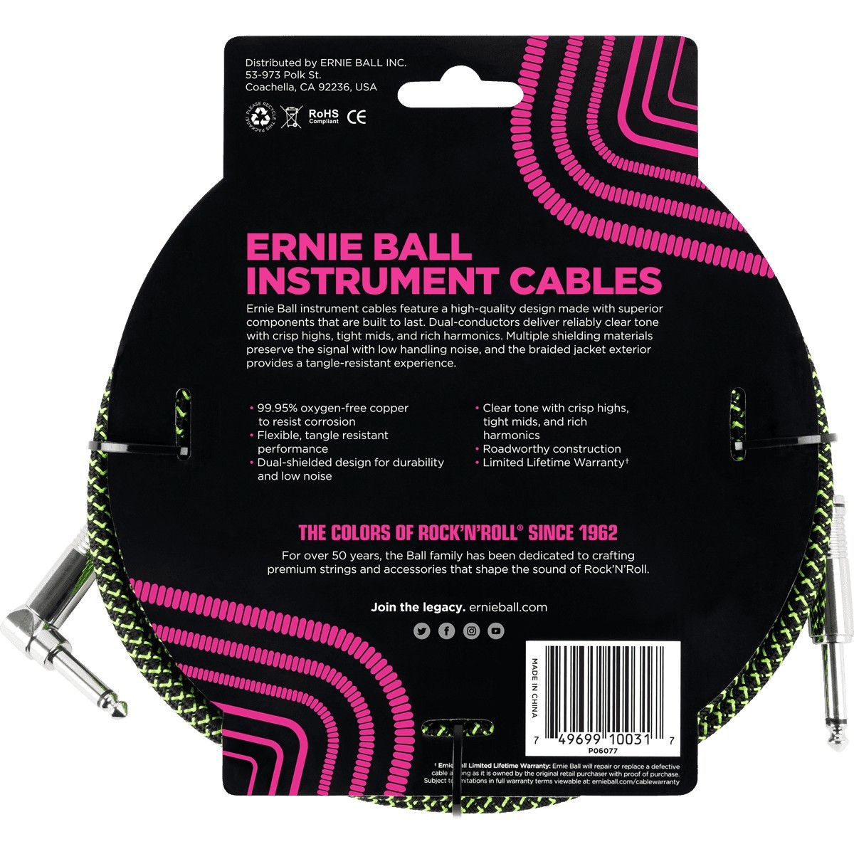 ERNIE BALL Cable Instrument Gaine Tressee Droit Coude 3 05 M Vert