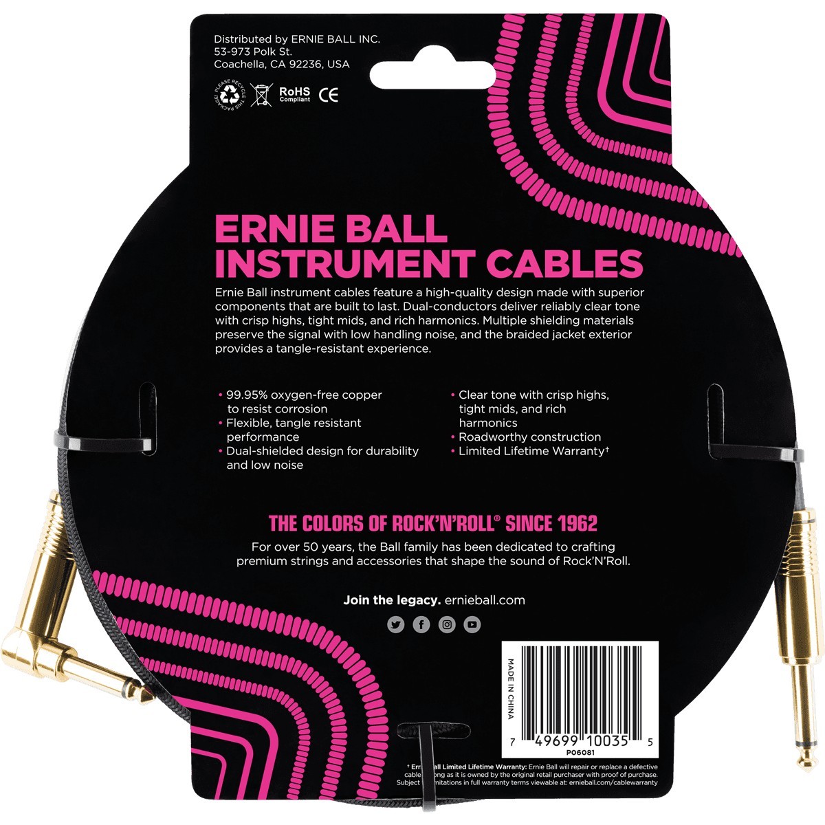 ERNIE BALL Cable Instrument Gaine Tressee Droit Coude 3 05 M Noir