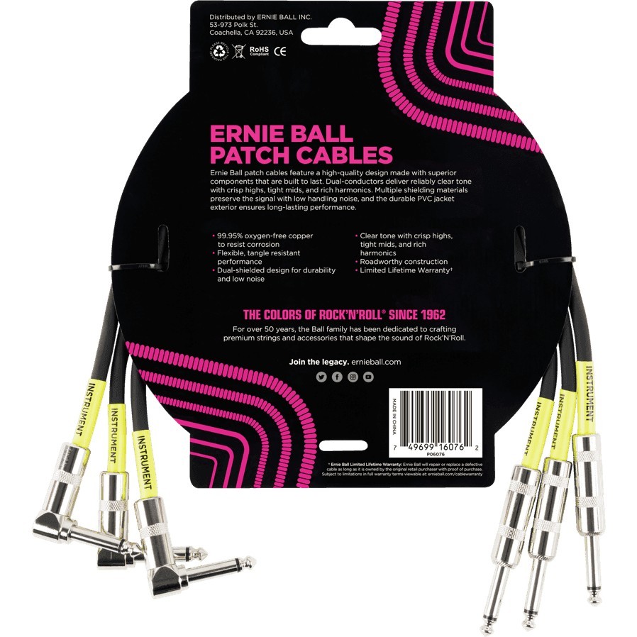 ERNIE BALL Cable Instrument Patch Noir Droit Coudé