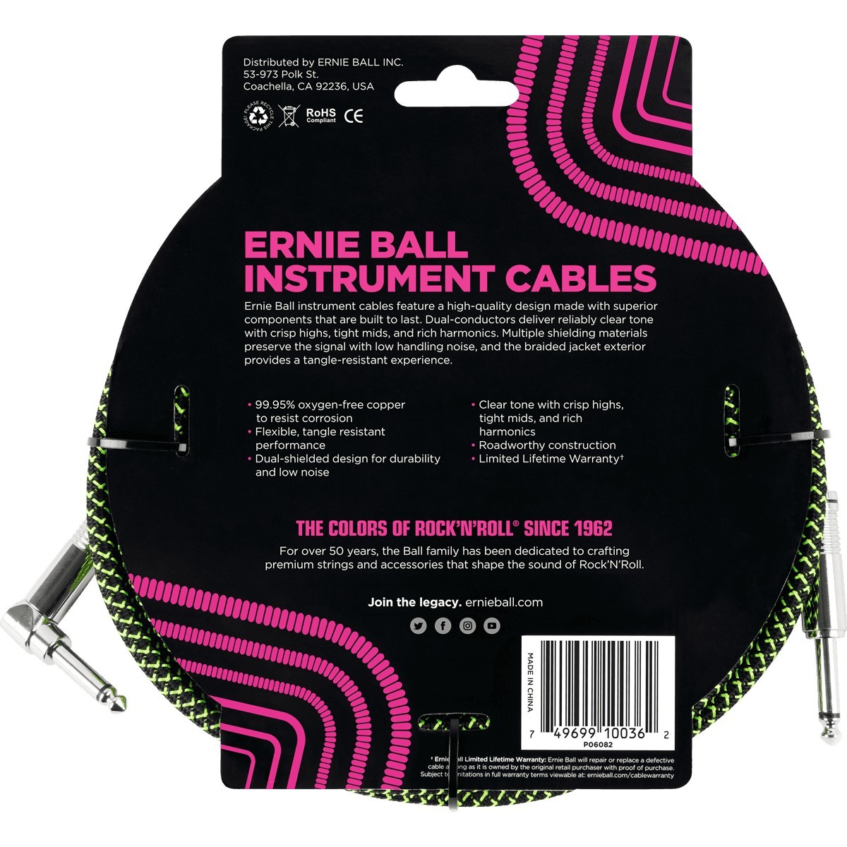 ERNIE BALL Cable Instrument Gaine Tressée Droit Coudé